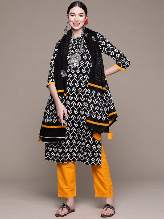 Women's Black Printed Pure Cotton Kurta with Trousers & Dupatta