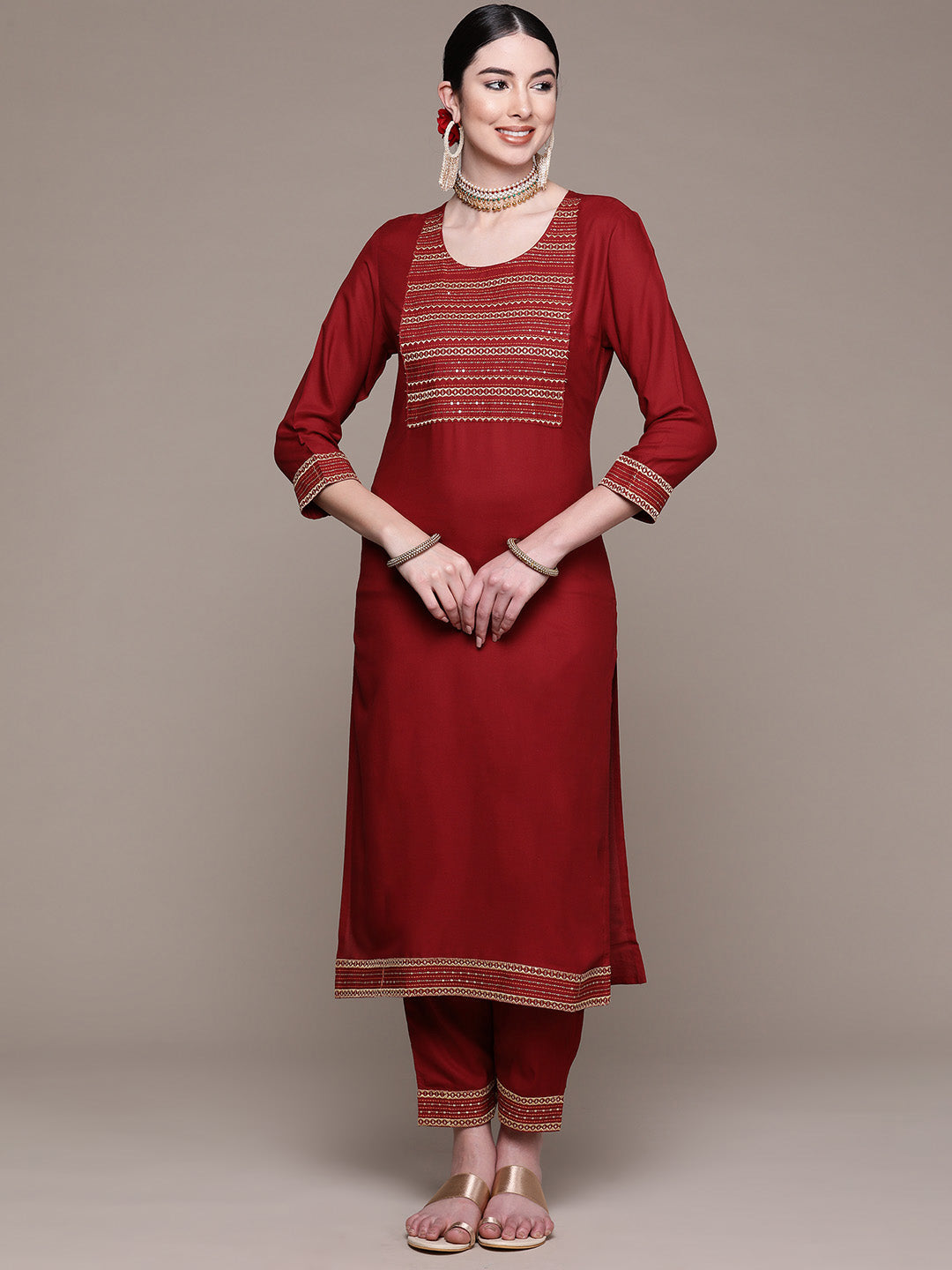 Women's Maroon Yoke Design Thread Work Kurta with Palazzos