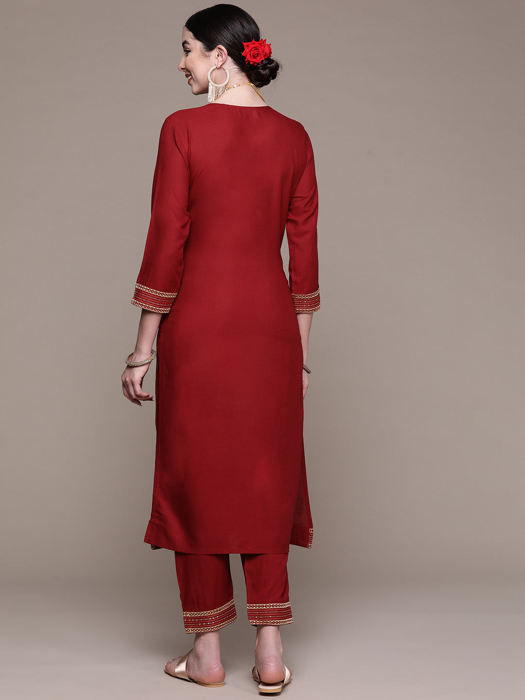 Women's Maroon Yoke Design Thread Work Kurta with Palazzos