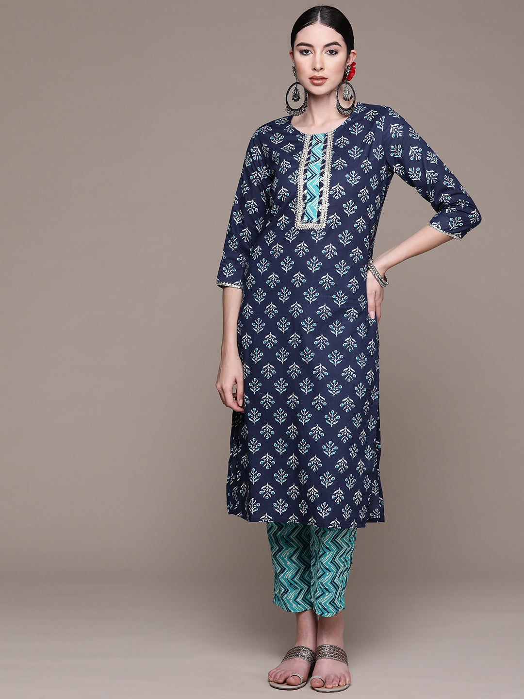 Women's Blue Ethnic Motifs Printed Pure Cotton Kurta with Trousers