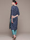 Women's Blue Ethnic Motifs Printed Pure Cotton Kurta with Trousers