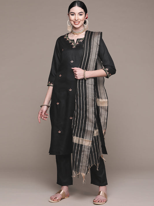 Women's Black Floral Embroidered Thread Work Kurta with Trousers & With Dupatta