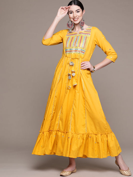 Women's Yellow Embellished Ethnic Cotton A-Line Maxi Dress