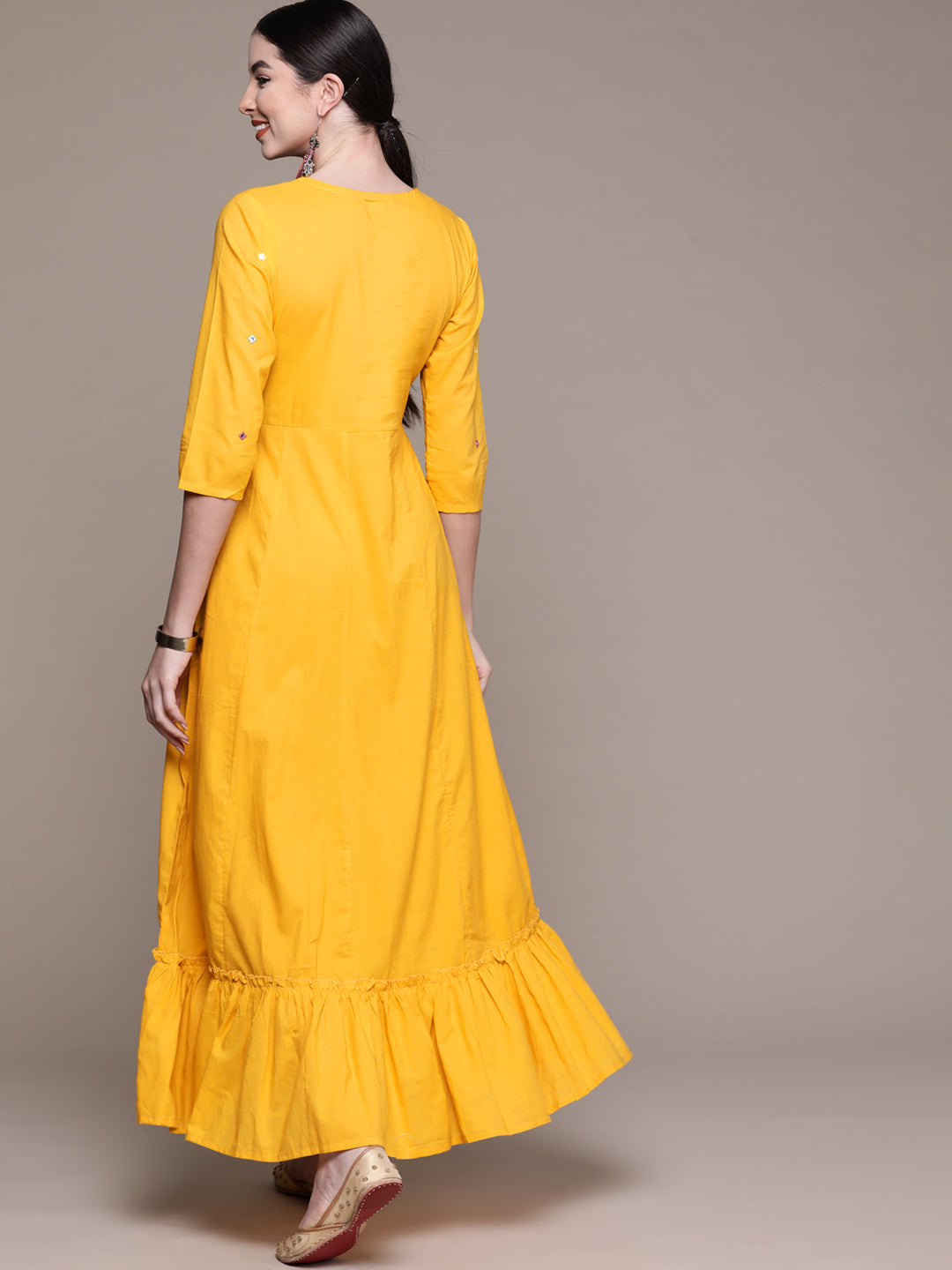 Women's Yellow Embellished Ethnic Cotton A-Line Maxi Dress