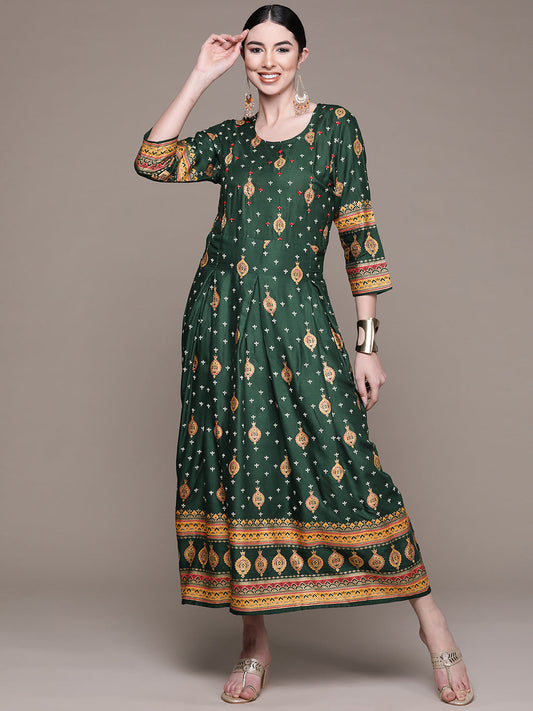 Women's Green Ethnic Motifs Ethnic A-Line Maxi Dress